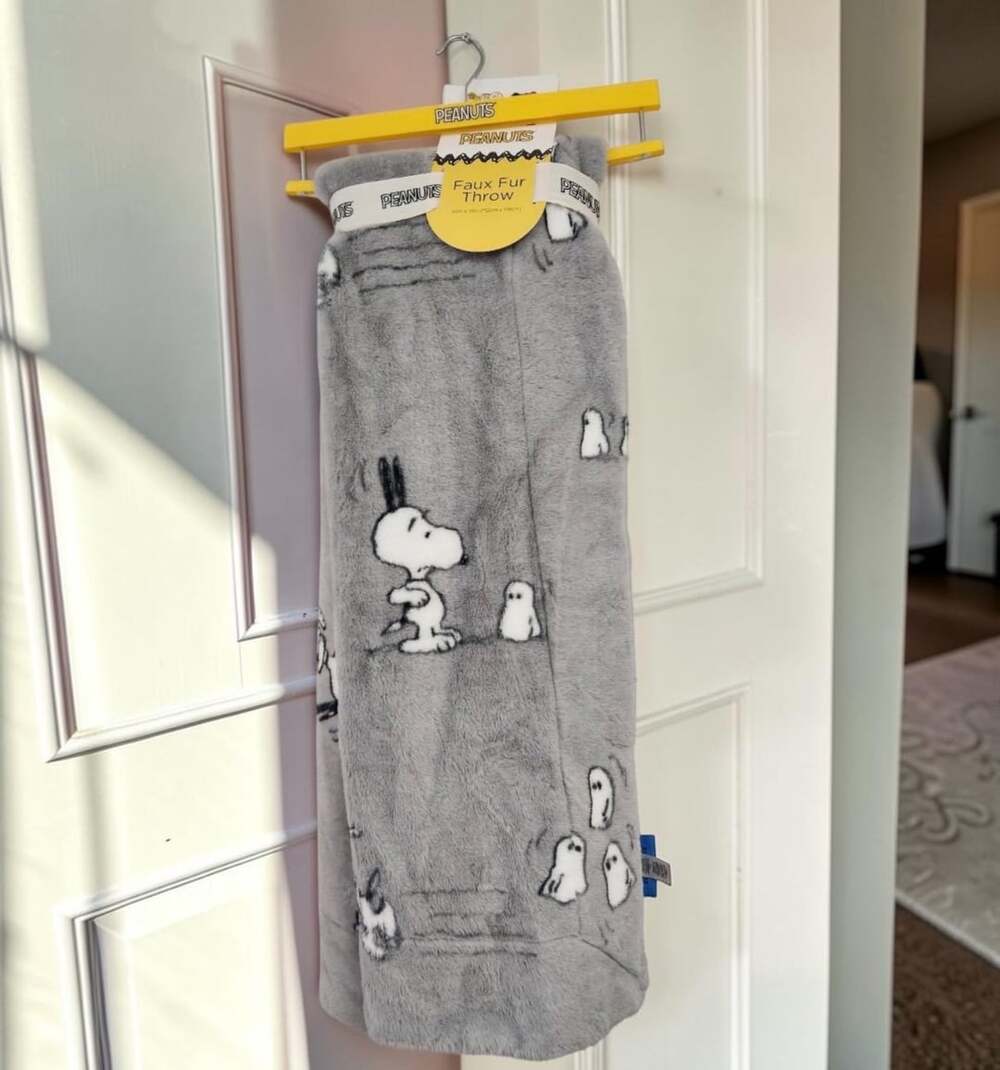 Peanuts Faux Fur Throw 60in x 70in Gray Snoopy & Woodstock Blanket